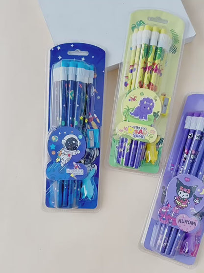 Kawaii Cartoon Pencil Set for Kids – Cute Stationery Pack (HB Pencils + Eraser + Sharpener) | Kuromi, Unicorn, Undersea, Cinnamoroll Inspired Designs