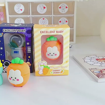 Kawaii Cartoon Eraser Cum Sharpener Set of 6 | Cute Panda, Dinosaur, Unicorn, Astronaut & Bunny Pencil Sharpener Erasers for Kids & Students