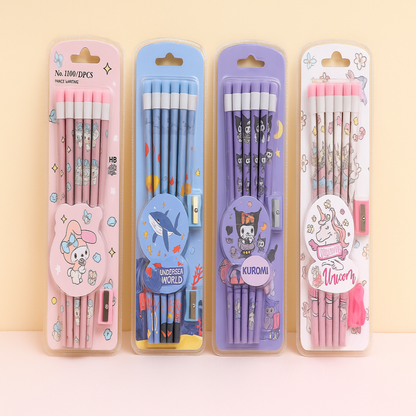 Kawaii Cartoon Pencil Set for Kids – Cute Stationery Pack (HB Pencils + Eraser + Sharpener) | Kuromi, Unicorn, Undersea, Cinnamoroll Inspired Designs