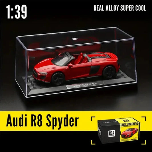 CCA 1:42 Audi R8 V10 Spyder Diecast Model Car with Display Case | Premium Metal Alloy Scale Model | Black Box Edition | Collectible Sports Car