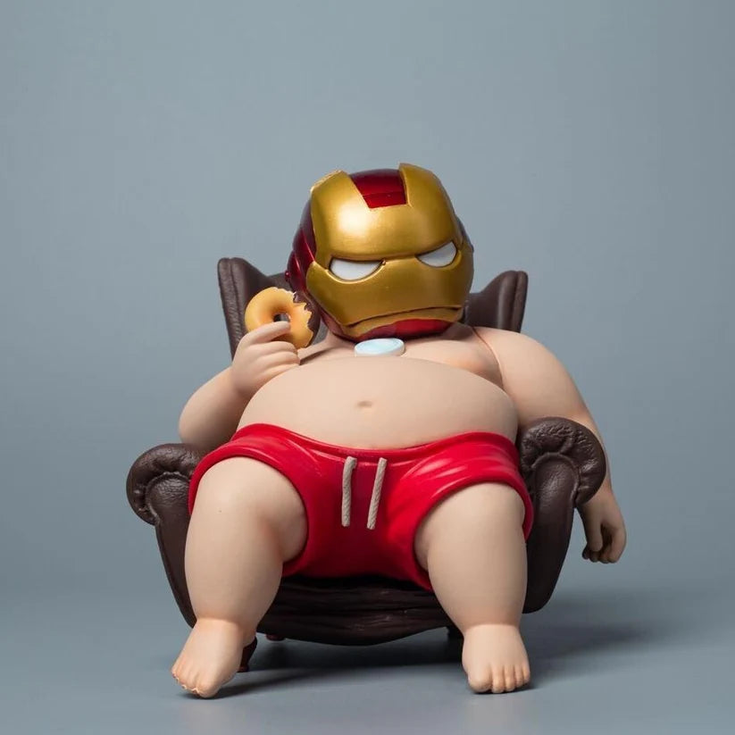 Fat Iron Hero Lazy Day Collectible Figure with Donut & Sofa | Funny Superhero Parody PVC Action Figure | Cute Desk Decor, Anime Toy, Gift for Marvel Fans