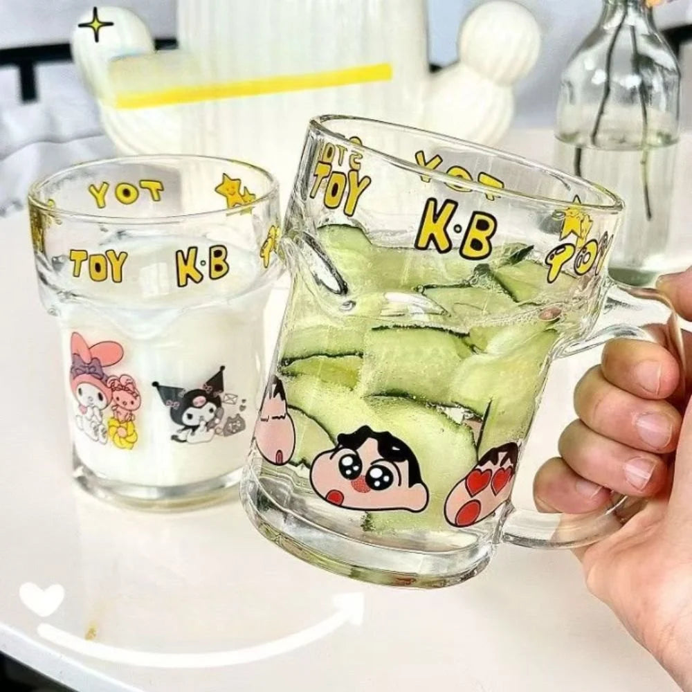 Shinchan Cartoon Glass Mug with Handle – Cute Anime Coffee Cup | Transparent Printed Kawaii Milk Tea Mug | Shinchan Lover Gift (Single Piece)