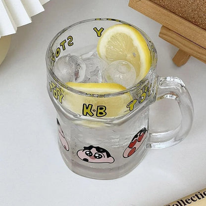 Shinchan Cartoon Glass Mug with Handle – Cute Anime Coffee Cup | Transparent Printed Kawaii Milk Tea Mug | Shinchan Lover Gift (Single Piece)