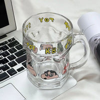 Shinchan Cartoon Glass Mug with Handle – Cute Anime Coffee Cup | Transparent Printed Kawaii Milk Tea Mug | Shinchan Lover Gift (Single Piece)