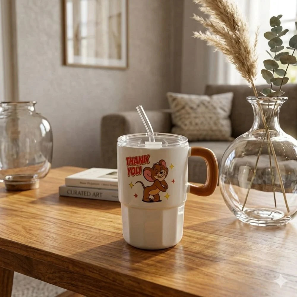 Tom & Jerry Cute Coffee Mug with Straw & Lid – Cartoon Printed Sipper Cup | Kawaii Aesthetic Milk Mug with Handle | Travel Friendly Reusable Drinkware (Single Piece)