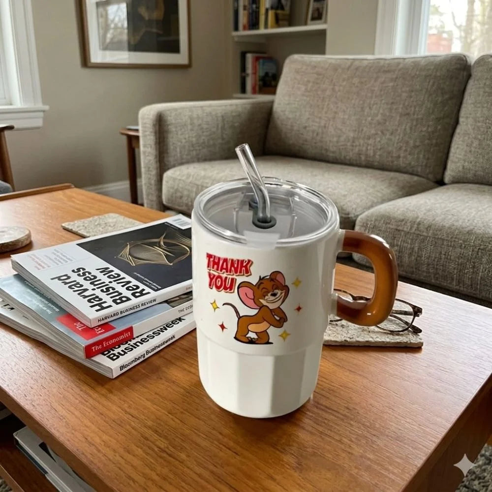 Tom & Jerry Cute Coffee Mug with Straw & Lid – Cartoon Printed Sipper Cup | Kawaii Aesthetic Milk Mug with Handle | Travel Friendly Reusable Drinkware (Single Piece)