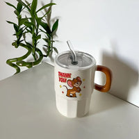 Tom & Jerry Cute Coffee Mug with Straw & Lid – Cartoon Printed Sipper Cup | Kawaii Aesthetic Milk Mug with Handle | Travel Friendly Reusable Drinkware (Single Piece)
